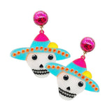 Glittered Resin Hat Skull Dangle Earrings