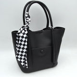 Classic Pebbled Tote Bag with Front Pocket and Checkered Scarf Accent