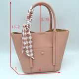 Classic Pebbled Tote Bag with Front Pocket and Checkered Scarf Accent