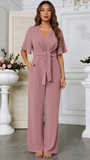 Women's Summer Solid V-Neck Short Sleeve Jumpsuit