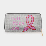 Bling Faith Hope Love Message Pink Ribbon Zipper Wallet