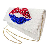 American USA Flag Lips Seed Beaded Clutch Crossbody Bag