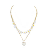 Enamel Heart Pendant Flower Link Double Layered Necklace