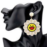 Felt Back Seed Beaded Smile Flower Dangle Earrings