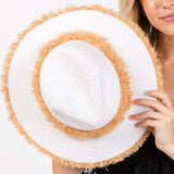 Frayed Band and Trip Straw Sun Hat