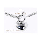 White Gold Dipped Metal Heart Charm Toggle Bracelet