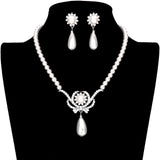 Stone Embellished Metal Pearl Link Necklace Earring Set