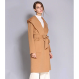 Women's Double-Sided Cashmere Wool Coat - Long Hooded Buttonless Mid-Length Coat with Lace-Up Design