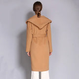 Women's Double-Sided Cashmere Wool Coat - Long Hooded Buttonless Mid-Length Coat with Lace-Up Design