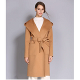 Women's Double-Sided Cashmere Wool Coat - Long Hooded Buttonless Mid-Length Coat with Lace-Up Design