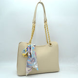 Elegant Textured Tote Bag with Chain Accent and Printed Scarf