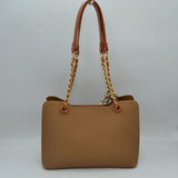 Elegant Textured Tote Bag with Chain Accent and Printed Scarf