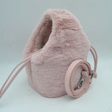 Plush Faux Fur Bucket Handbag with Drawstring and Removable Strap