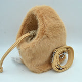 Plush Faux Fur Bucket Handbag with Drawstring and Removable Strap