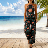 Trendy Sexy Printed Halter Wide-Leg Jumpsuit