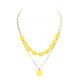 Enamel Heart Pendant Flower Link Double Layered Necklace