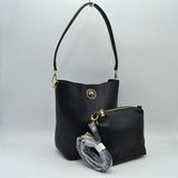 Pebbled Bucket Bag and Crossbody Pouch Set with Circular Lock Accent