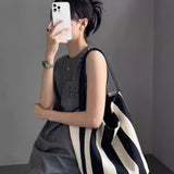 Striped Canvas Bag Large Capacity – Stylish Tote Bag, Versatile Shoulder & Bucket Bag