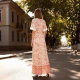 Women's Short Sleeve Elastic Waist Fringe Lace Trim Bohemian Dress Vacation Beach Dress