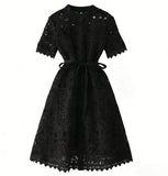 Hollow-Out Elegant Mandarin Collar Dress – Long Sleeve Lace Midi, Short Sleeve Button-Front Tie-Waist Gown