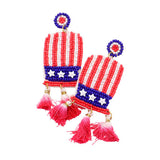 American USA Flag Seed Bead Hat Triple Ombre Tassel Earrings