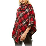 Averie Cozy Warm Plaid High Neck Collar Side Buttons Poncho High Neck Ruana