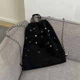 Women's bag matte suede backpack purse, splicing colored gemstone chain backpack, drawstring portable backpack