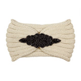 Beaded Flower Applique Knit Headband Earmuff Ear Warmer