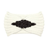 Beaded Flower Applique Knit Headband Earmuff Ear Warmer