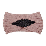 Beaded Flower Applique Knit Headband Earmuff Ear Warmer
