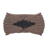 Beaded Flower Applique Knit Headband Earmuff Ear Warmer