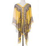 Button Detail Paisley Print V-Neck Poncho Cover Up Beachwear