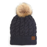 C.C Women's Cable Ribbed Beanie Natural Plush Faux Fur Pom Hat