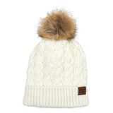 C.C Women's Cable Ribbed Beanie Natural Plush Faux Fur Pom Hat