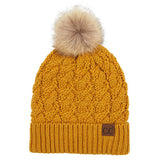 C.C Women's Cable Ribbed Beanie Natural Plush Faux Fur Pom Hat