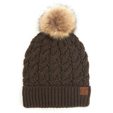 C.C Women's Cable Ribbed Beanie Natural Plush Faux Fur Pom Hat