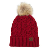 C.C Women's Cable Ribbed Beanie Natural Plush Faux Fur Pom Hat