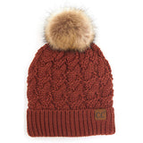 C.C Women's Cable Ribbed Beanie Natural Plush Faux Fur Pom Hat