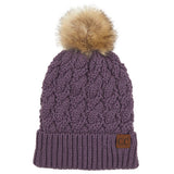 C.C Women's Cable Ribbed Beanie Natural Plush Faux Fur Pom Hat