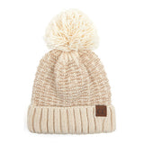 C.C Tweed Style Pattern Knitted Beanie Faux Fur Pom Pom Hat