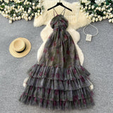 Vacation Halter Sleeveless Printed Dress – Tiered Mesh Cake Skirt, Flowy Summer Maxi