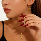 Cross Pendant Stainless Steel Clavicle Chain & Earrings Set Simple Daily Jewelry