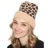 Cozy Leopard Patterned Ribbed Knit Cuff Beanie Hat