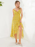 Sexy Floral Print Suspender Skirt Dress - Women's V-Neck Ruffled Reformation Style Holiday Party Dress