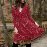 Retro Floral Print V-Neck Long Sleeve Dress
