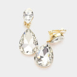 Women's Double Teardrop Stone Link Clip on Evening Dangle Earrings