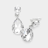 Women's Double Teardrop Stone Link Clip on Evening Dangle Earrings