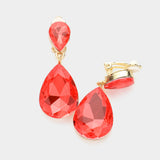 Women's Double Teardrop Stone Link Clip on Evening Dangle Earrings