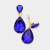 Women's Double Teardrop Stone Link Clip on Evening Dangle Earrings