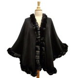 Elegant Faux Fur Trim Knit Poncho Ruana Cape